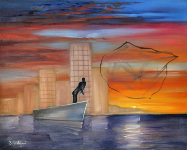 Fishing at sunset a figurative painting using oil on canvas