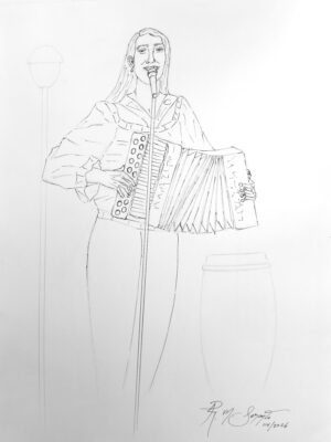 Drawing of a person playing the accordion in front of a microphone, with a conga and a light fixture in the background.