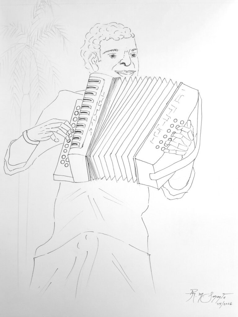 Graphite pencil and technical pen on 120 gsm paper depicting a figurative drawing of an accordionist in performance. The composition portrays a musician holding and playing an accordion, rendered through precise linear contours and expressive line work. Subtle details of the face, hands, instrument, and clothing are balanced by large areas of negative space, while a lightly sketched palm tree in the background suggests a tropical setting. The artwork emphasizes rhythm, gesture, and the relationship between musician and instrument through a refined combination of observational drawing and graphic simplification.