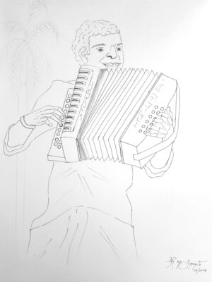 Drawing of a person playing the accordion with a palm tree in the background.