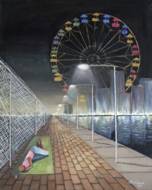 Oil on canvas painting depicting a quiet nighttime waterfront promenade illuminated by rows of streetlights. A large Ferris wheel rises above a distant city skyline while reflections shimmer across calm water. In the foreground, an abstract reclining figure rests beside a wire fence, creating a contemplative contrast between solitude, urban leisure, and the luminous cityscape.