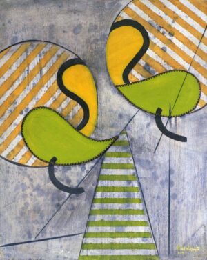 Oil on canvas featuring abstract forms and geometric shapes arranged in a dynamic composition. Circles, curved planes, diagonal lines, and striped patterns in yellow, green, and gray create a configuration of line and plane that suggests movement, balance, and spatial depth.