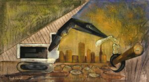Oil on canvas surrealist painting depicting an abstract construction machine interacting with an urban landscape. Geometric mechanical forms, including a conveyor-like structure, articulated arm, and cylindrical components, frame a distant city skyline emerging above cracked earth. A restrained palette of olive green, ochre, brown, gray, and muted blue creates an industrial atmosphere, while textured brushwork and layered transparencies evoke the passage of time, environmental transformation, and the relationship between technology and the built environment.