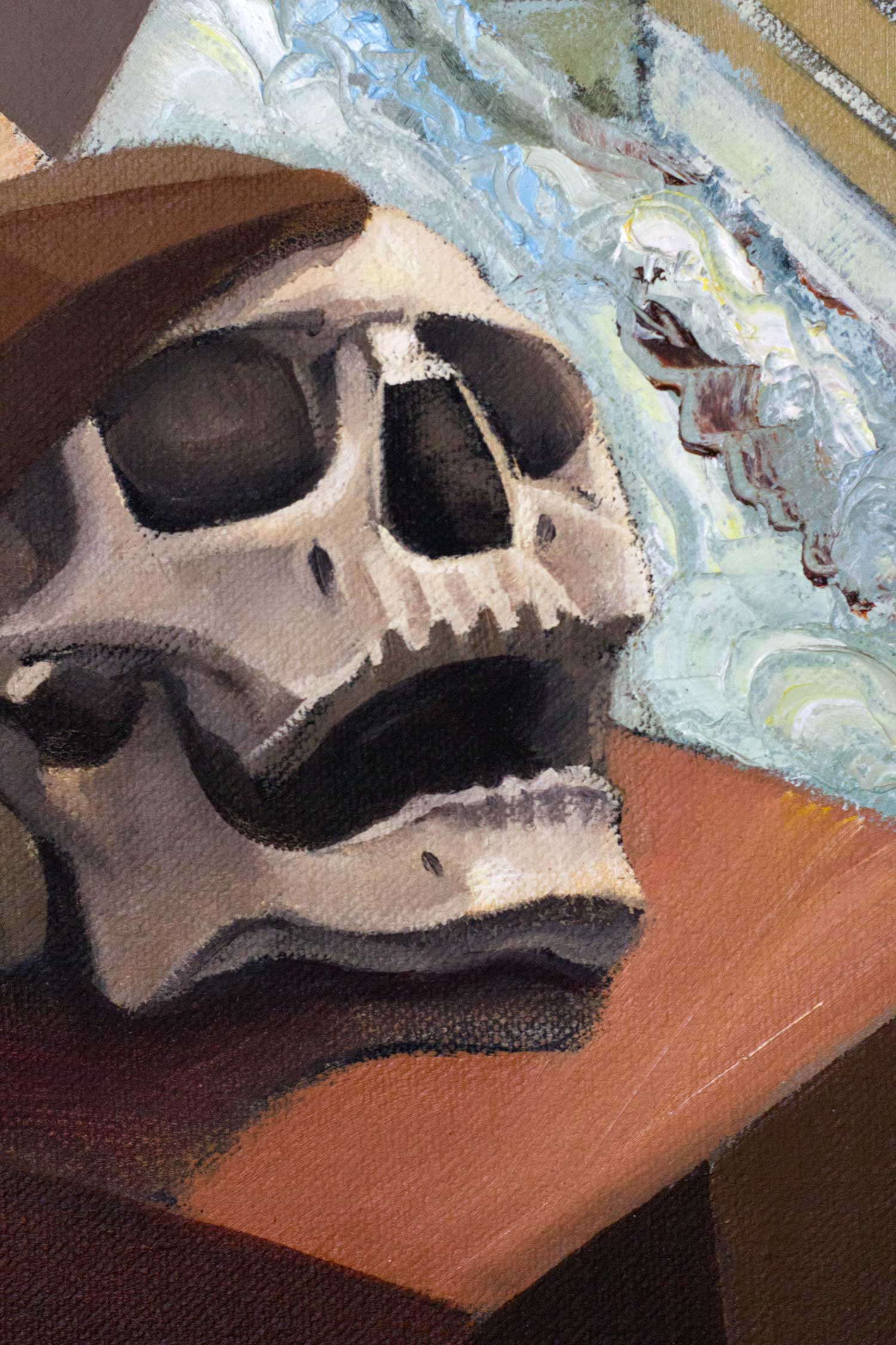 Close-up of an oil on canvas painting featuring a human skull resting on an angular pedestal beneath the hand of a geometric female figure. Carefully modeled forms contrast with the surrounding architectural composition, emphasizing themes of contemplation and mortality.