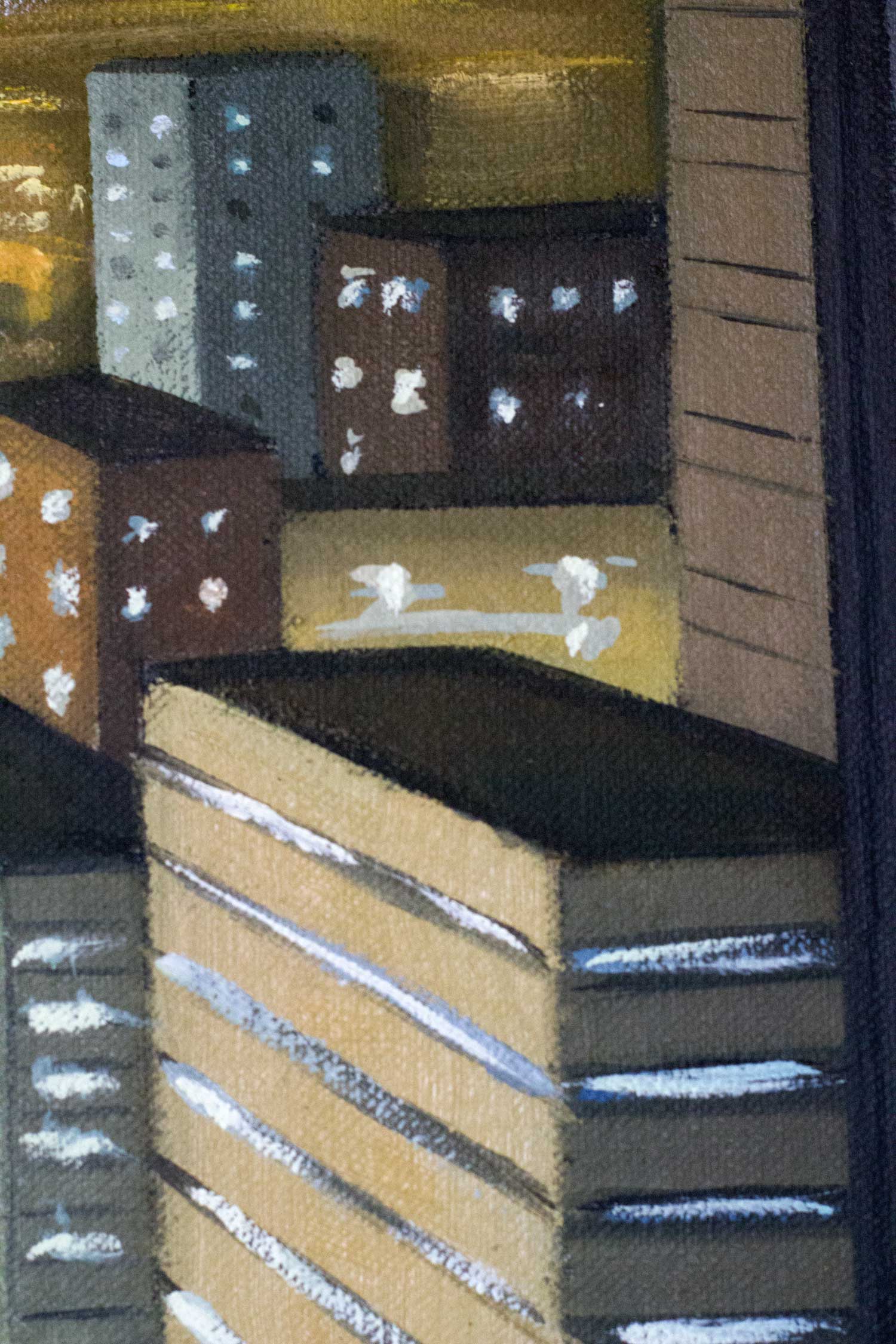 Detail of an oil painting showing illuminated buildings within a nighttime urban skyline viewed from a high-rise window. Soft glowing windows and layered architectural forms create atmospheric depth across the distant city.