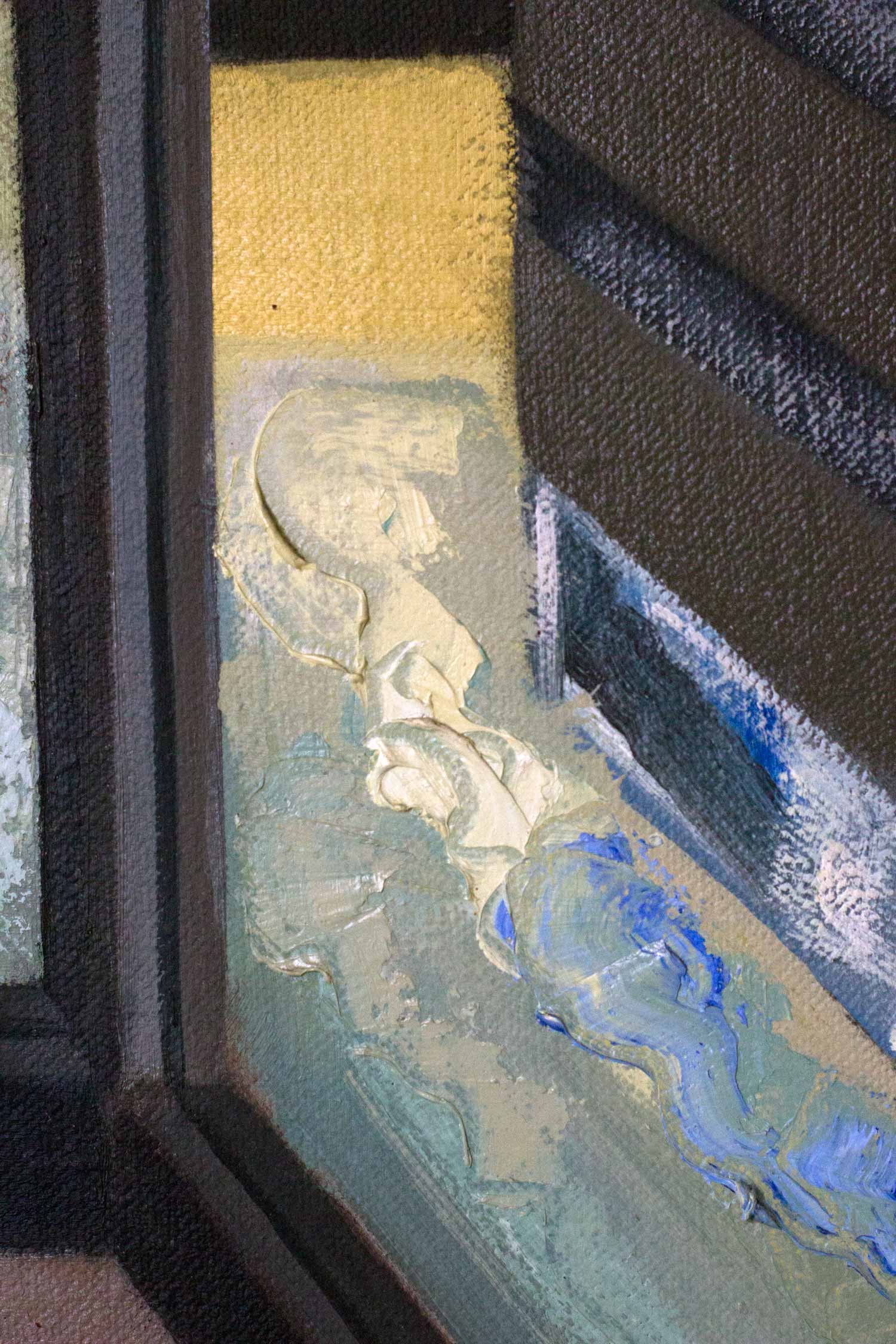Close-up of an oil on canvas painting depicting a brightly illuminated avenue running between modern buildings at night. Thick applications of oil paint recreate the continuous reflections and movement of vehicle traffic, enhancing the sensation of depth and urban activity.