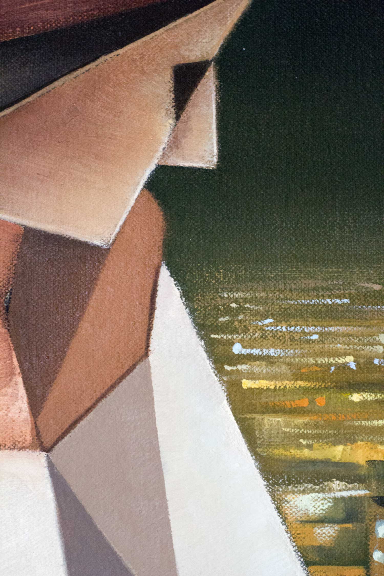 Detail of an oil painting highlighting the angular geometric construction of the seated female figure against a panoramic nighttime cityscape. Interlocking planes, warm earth tones, and distant urban lights reinforce the dialogue between introspection and the dynamic rhythm of the modern city.