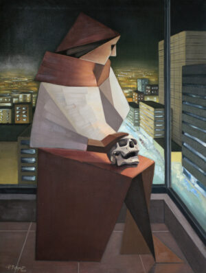 Oil on canvas painting depicting a geometric female figure standing beside a large window overlooking a brightly illuminated city at night. One hand rests on a human skull placed upon an angular pedestal while avenues filled with moving vehicle lights extend between modern buildings below. The composition combines symbolic figuration, urban architecture, and contemplative atmosphere.