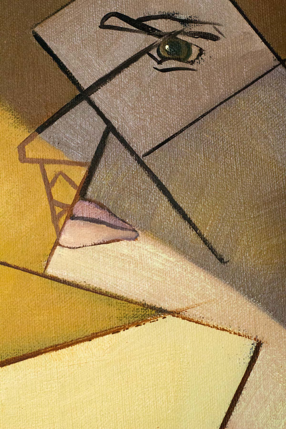 Oculus, is an oil on canvas depicting a portrait constructed through geometric and figurative forms. The composition portrays an artist holding paintbrushes and a painter’s palette beneath a strong light source that draws attention to the central figure. The artwork serves as a tribute to the practice of the visual arts, combining the fragmentation of the human figure with overlapping geometric planes to explore the relationship between representation, creativity, and artistic expression. Detail of the face.