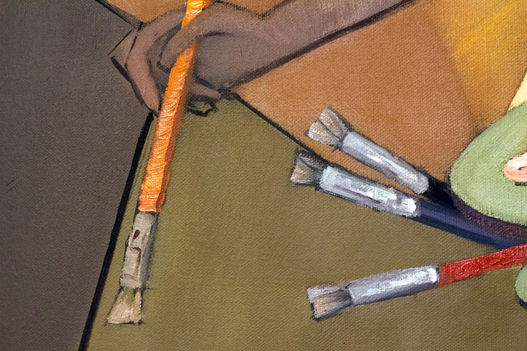 Oculus, is an oil on canvas depicting a portrait constructed through geometric and figurative forms. The composition portrays an artist holding paintbrushes and a painter’s palette beneath a strong light source that draws attention to the central figure. The artwork serves as a tribute to the practice of the visual arts, combining the fragmentation of the human figure with overlapping geometric planes to explore the relationship between representation, creativity, and artistic expression. Detail of the paintbrushes.