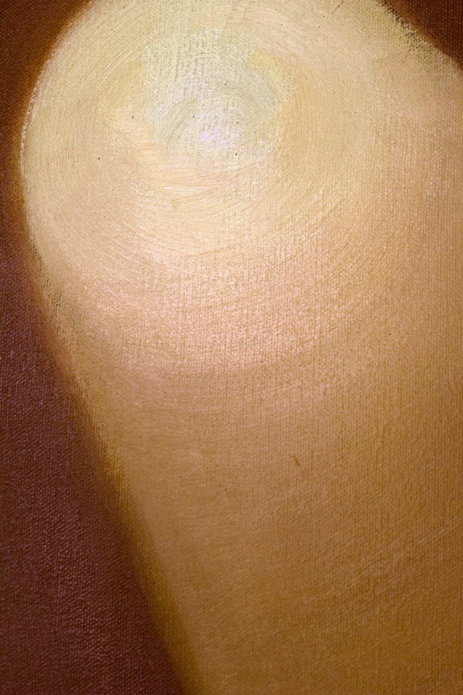 Oculus, is an oil on canvas depicting a portrait constructed through geometric and figurative forms. The composition portrays an artist holding paintbrushes and a painter’s palette beneath a strong light source that draws attention to the central figure. The artwork serves as a tribute to the practice of the visual arts, combining the fragmentation of the human figure with overlapping geometric planes to explore the relationship between representation, creativity, and artistic expression. Detail of the light source.