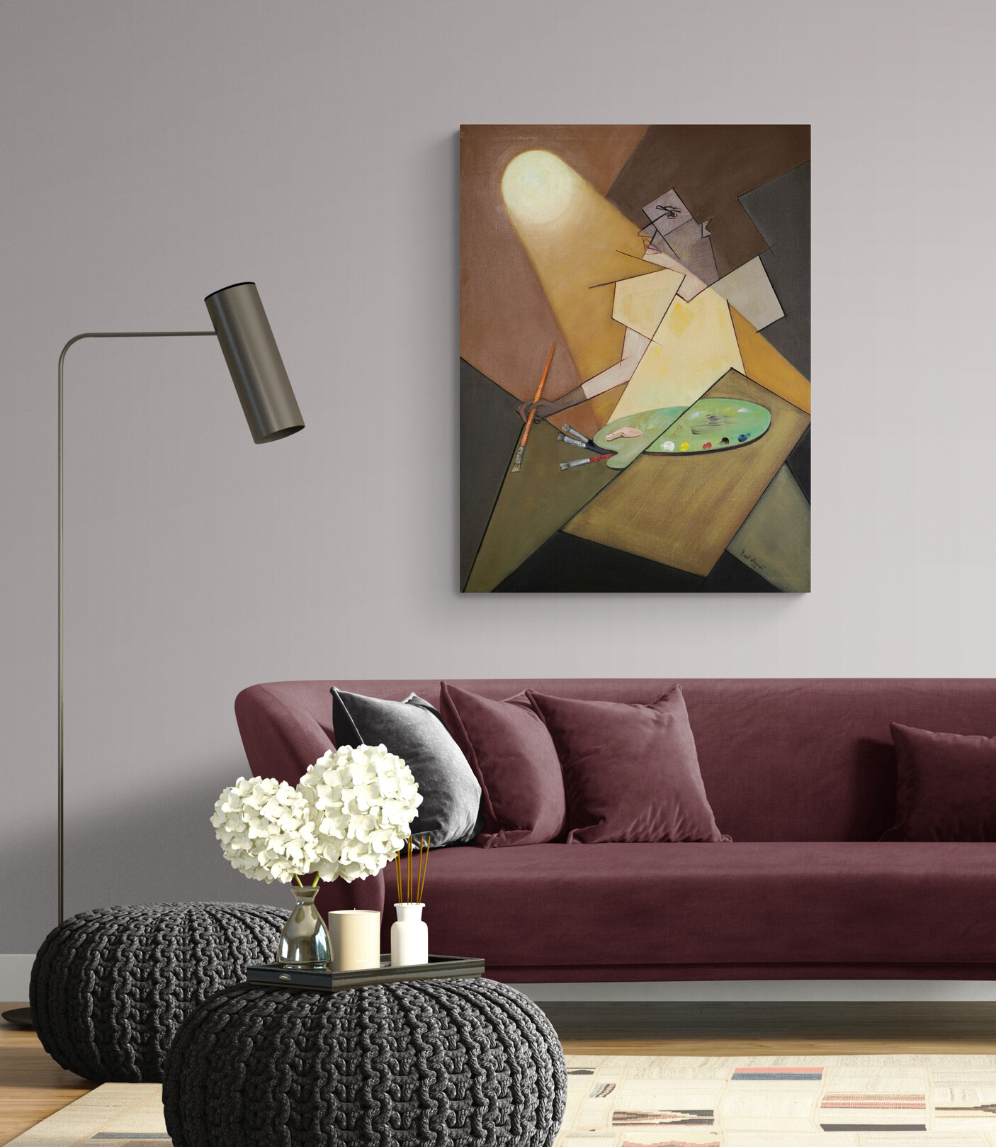 Oculus, is an oil on canvas depicting a portrait constructed through geometric and figurative forms. The composition portrays an artist holding paintbrushes and a painter’s palette beneath a strong light source that draws attention to the central figure. The artwork serves as a tribute to the practice of the visual arts, combining the fragmentation of the human figure with overlapping geometric planes to explore the relationship between representation, creativity, and artistic expression. Detial of the painting hanging on a wall.