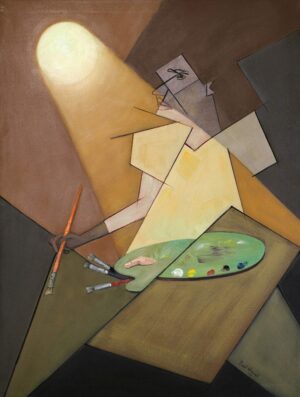 Oculus, is an oil on canvas depicting a portrait constructed through geometric and figurative forms. The composition portrays an artist holding paintbrushes and a painter’s palette beneath a strong light source that draws attention to the central figure. The artwork serves as a tribute to the practice of the visual arts, combining the fragmentation of the human figure with overlapping geometric planes to explore the relationship between representation, creativity, and artistic expression.