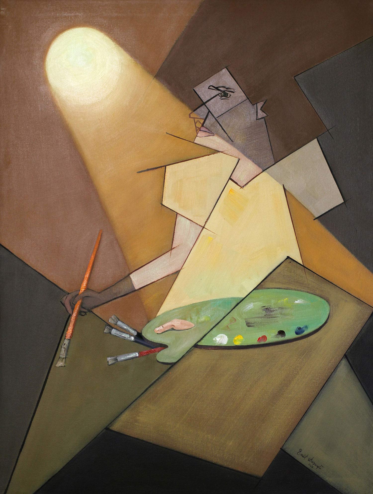 Oculus, is an oil on canvas depicting a portrait constructed through geometric and figurative forms. The composition portrays an artist holding paintbrushes and a painter’s palette beneath a strong light source that draws attention to the central figure. The artwork serves as a tribute to the practice of the visual arts, combining the fragmentation of the human figure with overlapping geometric planes to explore the relationship between representation, creativity, and artistic expression.