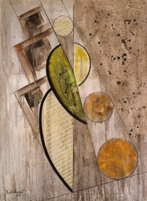 Oil on canvas featuring abstract forms and geometric shapes arranged in a dynamic composition. Circular and elongated curved planes interact with diagonal lines, textured surfaces, and layered geometric elements in earthy tones of gray, ochre, and olive green. The configuration of line and plane creates a sense of movement, balance, and spatial depth, while subtle linear patterns and contrasting shapes reinforce the artwork’s contemporary abstract character.