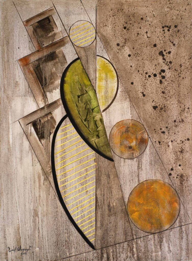 Oil on canvas featuring abstract forms and geometric shapes arranged in a dynamic composition. Circular and elongated curved planes interact with diagonal lines, textured surfaces, and layered geometric elements in earthy tones of gray, ochre, and olive green. The configuration of line and plane creates a sense of movement, balance, and spatial depth, while subtle linear patterns and contrasting shapes reinforce the artwork’s contemporary abstract character.