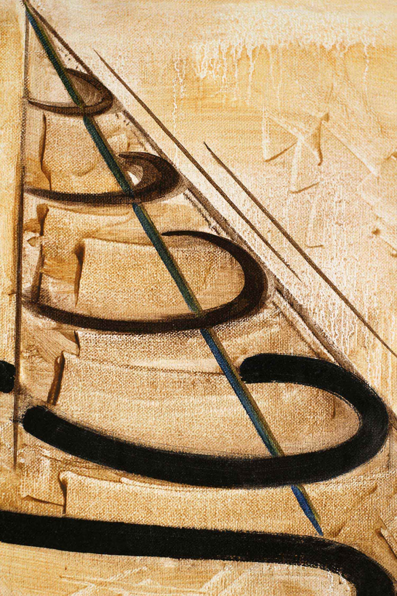 Close-up of the upper section showing a sequence of elliptical black curves aligned along a diagonal blue line. Fine linear elements and textured cream surfaces reinforce the painting's axial organization and visual rhythm.