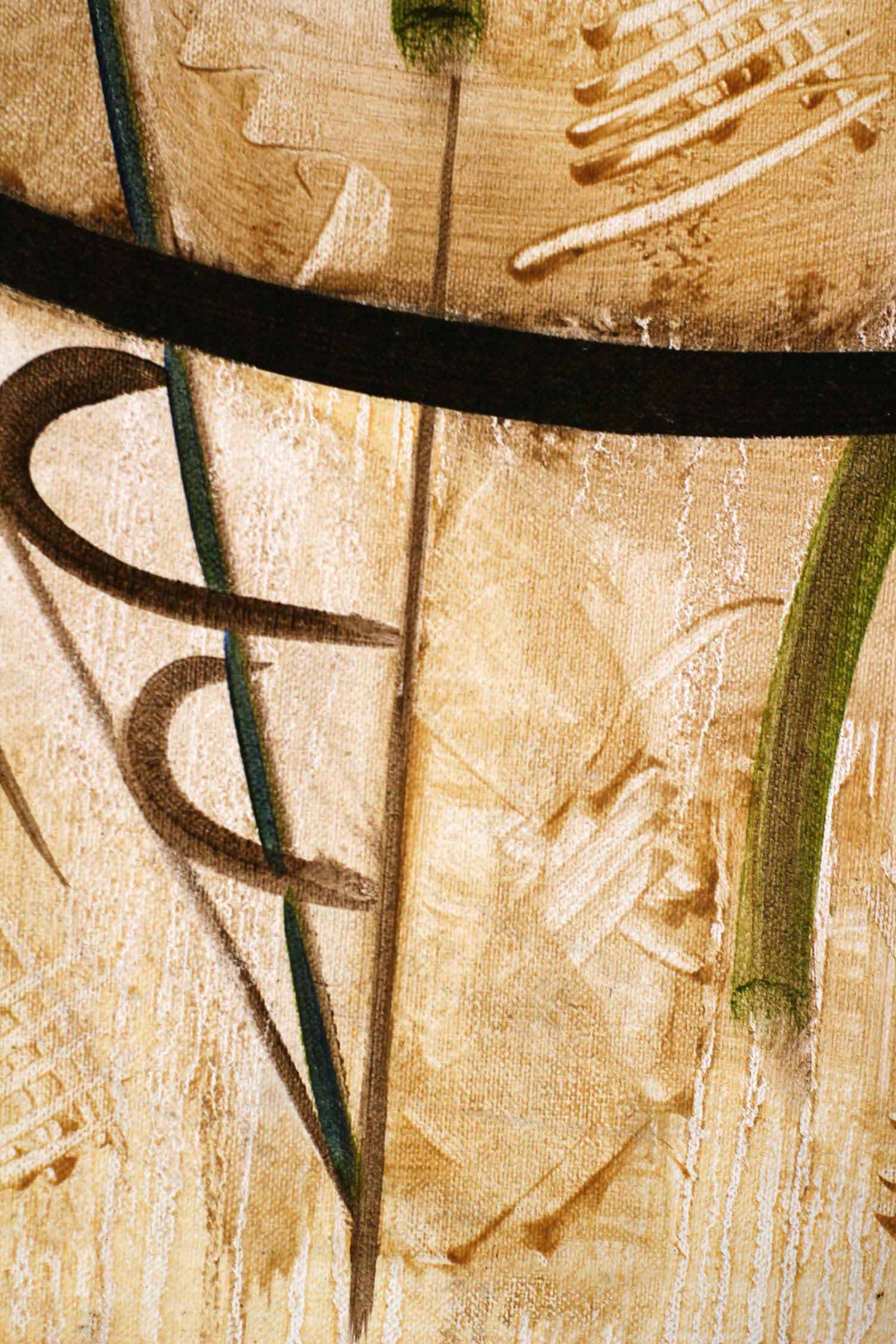 Detail featuring intersecting black curved forms, slender blue linear elements, and textured background brushwork. Repeated geometric shapes create a layered sense of movement across the composition.