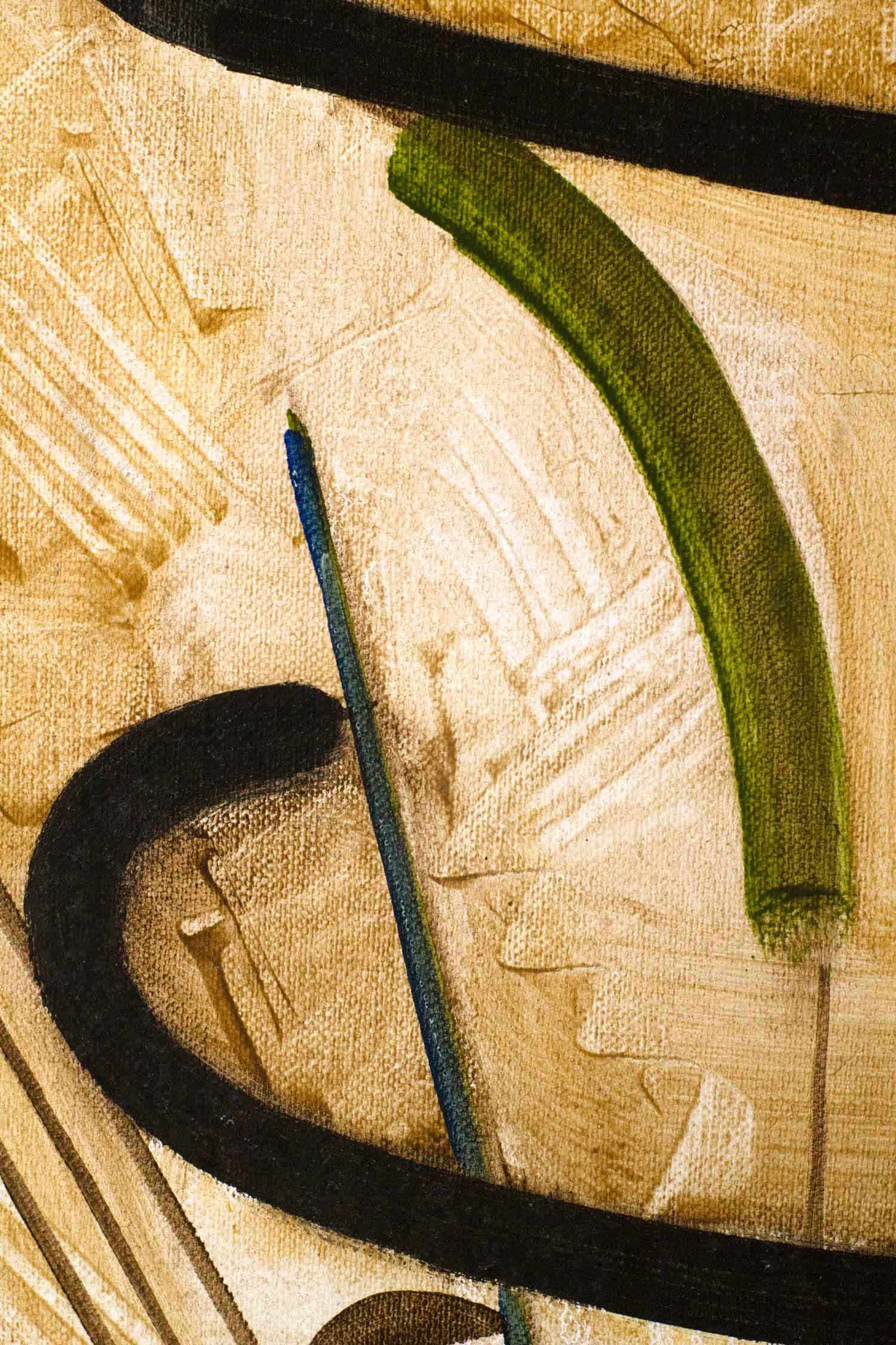 Close-up highlighting a green curved element interacting with bold black ribbon-like forms and thin blue lines. Subtle surface textures and translucent paint layers enrich the geometric composition.