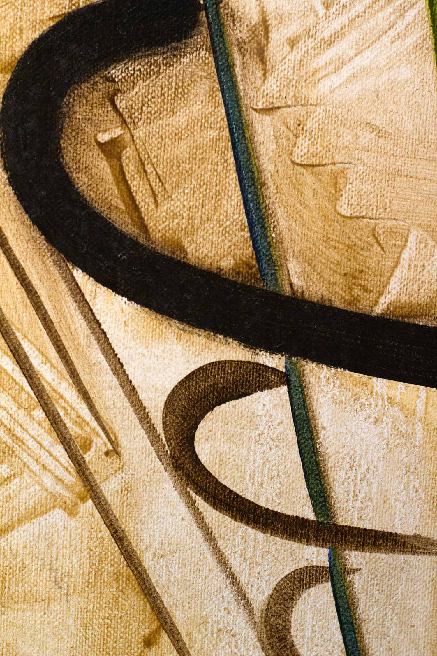 Detail focusing on a sweeping black curved form crossing textured cream surfaces. Thin diagonal lines and layered painterly marks emphasize movement, balance, and the structural continuity of the abstract composition.