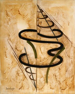 Original oil on canvas abstract geometric painting featuring flowing black ribbon-like curves, intersecting blue and green linear elements, textured cream surfaces, and an axial composition organized around a central vertical structure. Layered brushwork and geometric rhythms create movement throughout the painting.