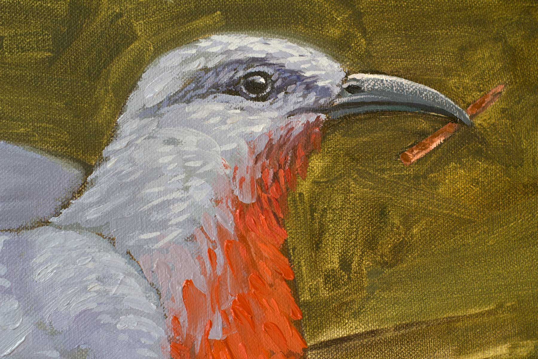 Close-up of the Bay-breasted Cuckoo's head, curved bill, and vivid coral-red throat with expressive oil brushwork.