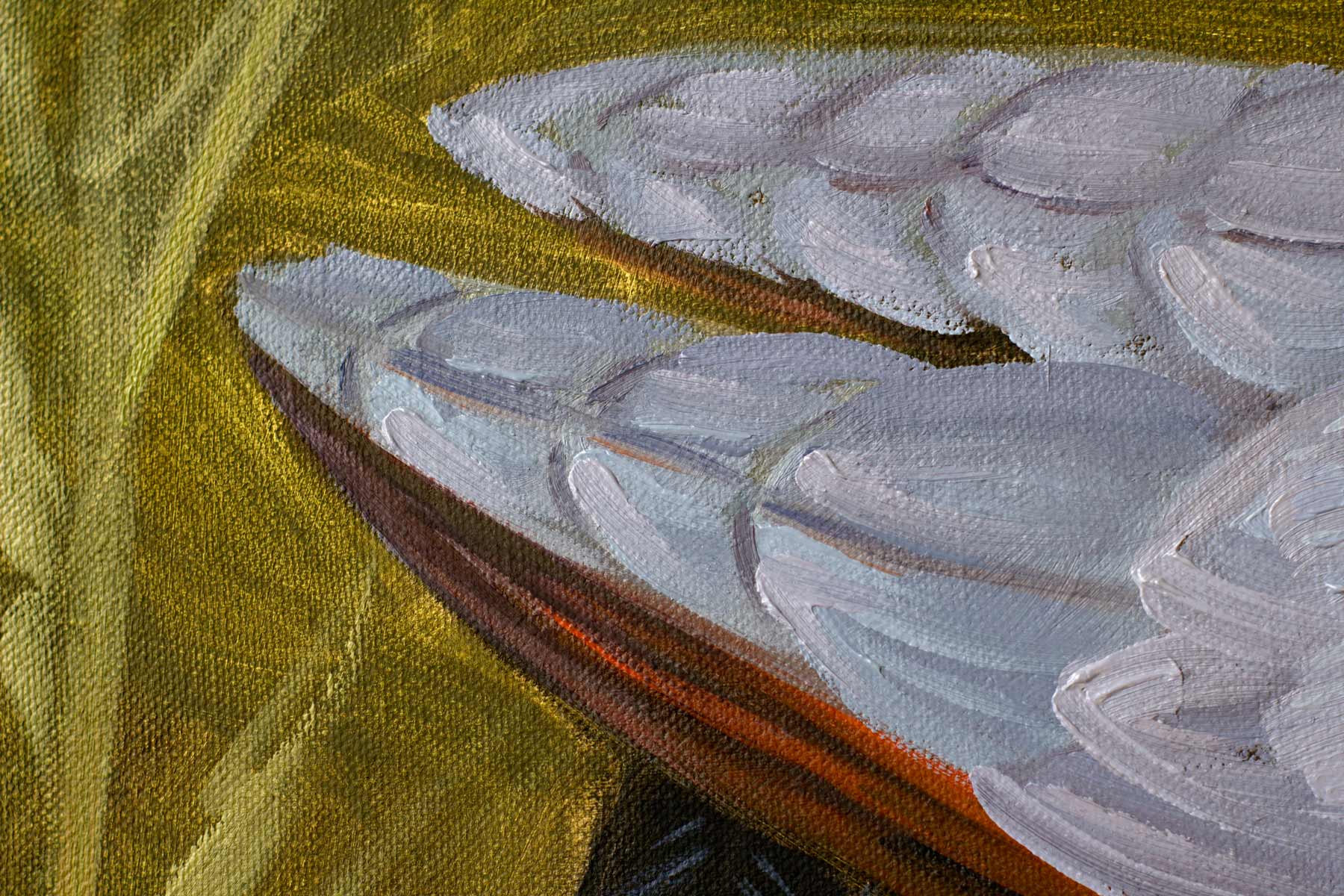 Detail of the pale gray folded wings showing textured oil brushstrokes and subtle feather patterns.