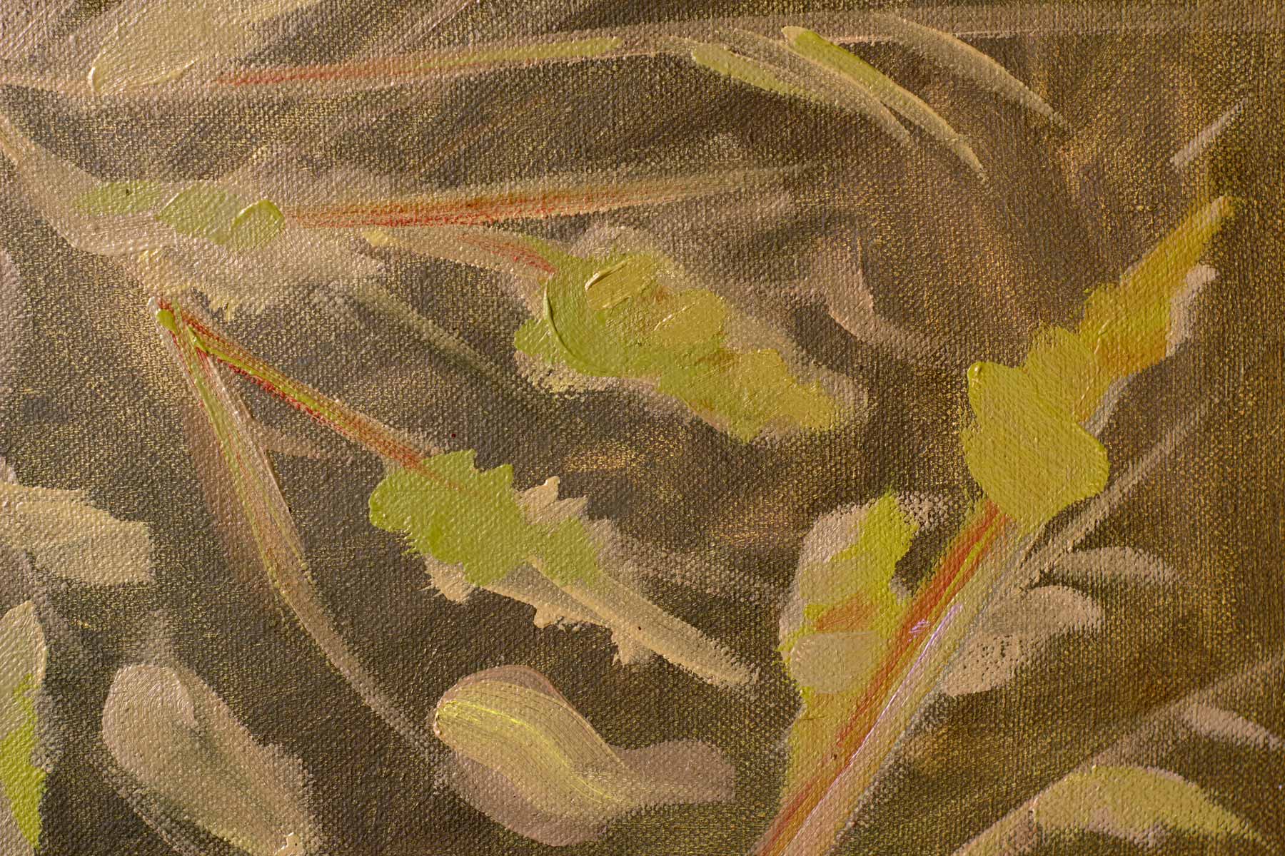 Detail of tropical foliage painted with layered olive greens and loose botanical brushstrokes.