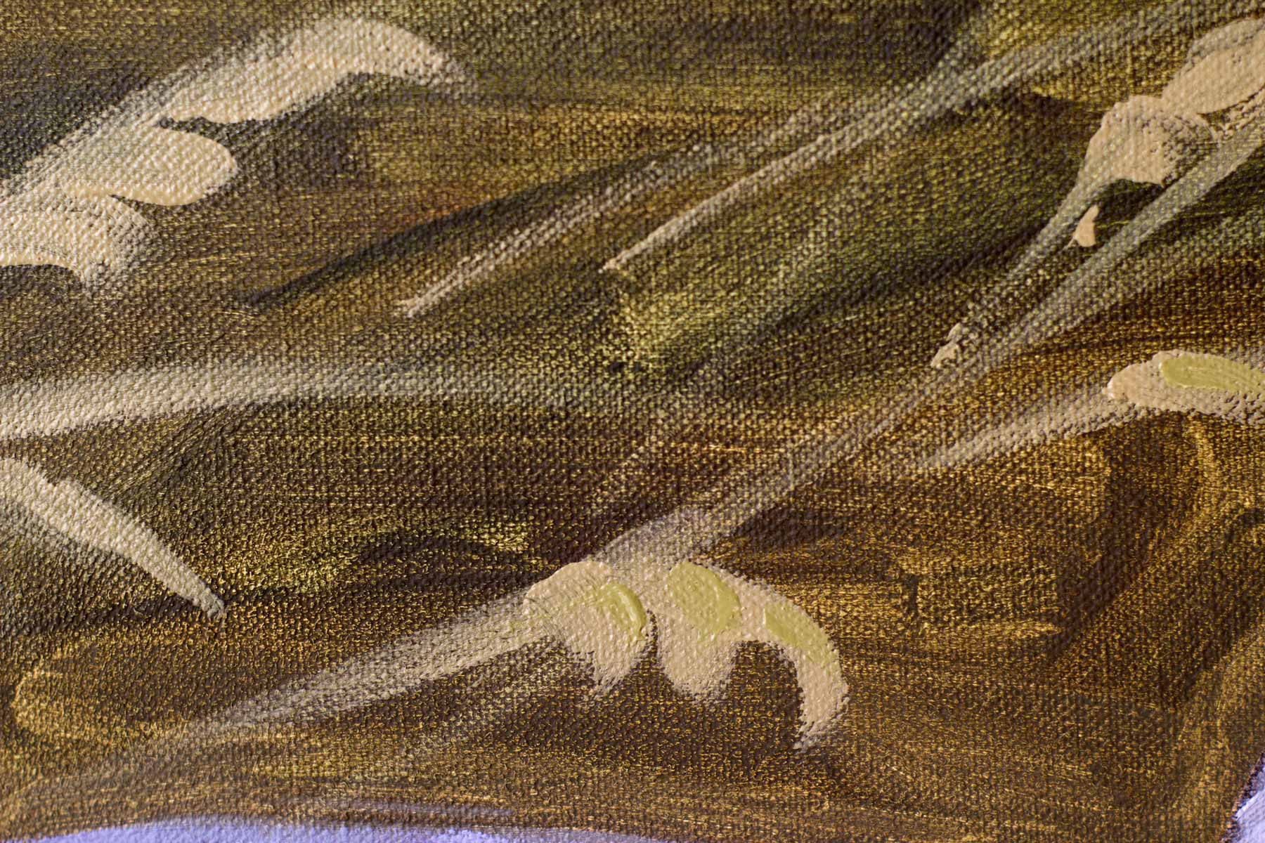 Close-up of the surrounding vegetation rendered with expressive green and earth-toned oil brushwork.