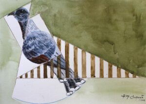 A geometric watercolor of a Bay-breasted Cuckoo with overlapping transparent shapes, striped triangular forms, and soft green background.