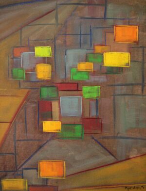 Original oil on canvas geometric abstract painting composed of layered translucent rectangles and intersecting linear grids, featuring luminous yellow, green, orange, red, and gray squares suspended across a warm earth-toned architectural background.