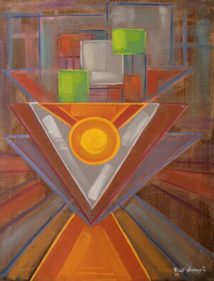 Original oil on canvas geometric abstract painting featuring a central inverted triangular form with a luminous golden circle, layered architectural planes, and floating colored rectangles arranged within a structured spatial composition.