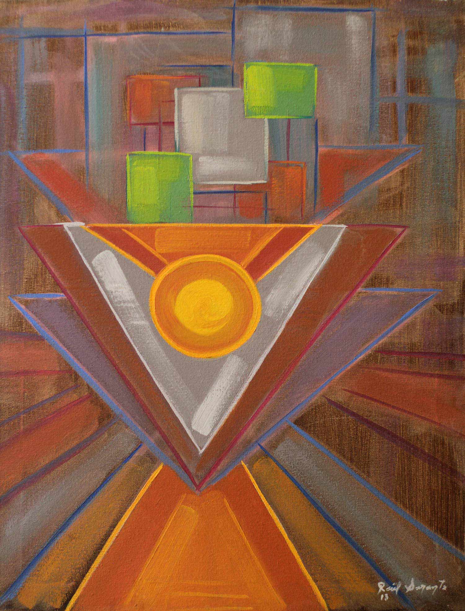Original oil on canvas geometric abstract painting featuring a central inverted triangular form with a luminous golden circle, layered architectural planes, and floating colored rectangles arranged within a structured spatial composition.