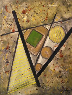 Original oil on canvas geometric abstract painting featuring intersecting triangular planes, bold black diagonal elements, striped geometric forms, circles, and a central green square against a richly textured background with expressive paint splatters.