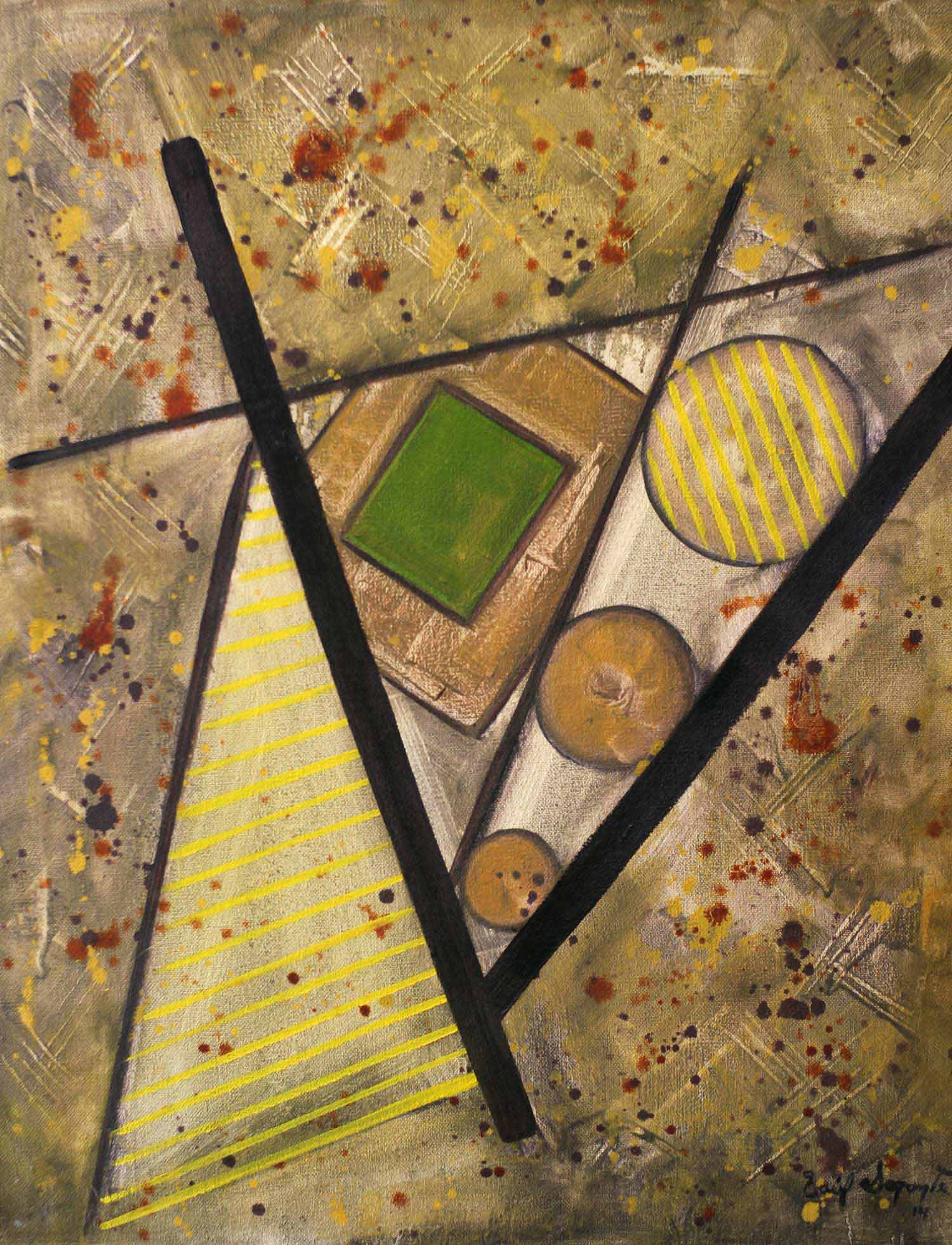 Original oil on canvas geometric abstract painting featuring intersecting triangular planes, bold black diagonal elements, striped geometric forms, circles, and a central green square against a richly textured background with expressive paint splatters.
