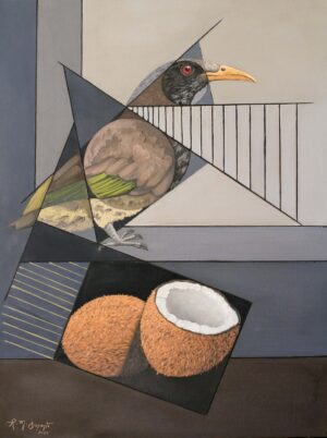 A geometric oil painting featuring a tropical bird above two coconuts, combining natural forms with intersecting abstract planes.