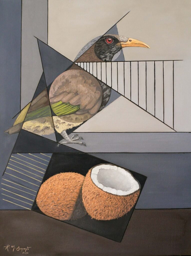 A geometric oil painting featuring a tropical bird above two coconuts, combining natural forms with intersecting abstract planes.
