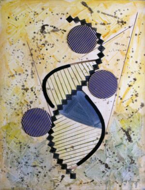 An abstract geometric oil painting featuring striped circular forms, stepped black shapes, sweeping curves, and layered textures against a warm yellow and pale green background.
