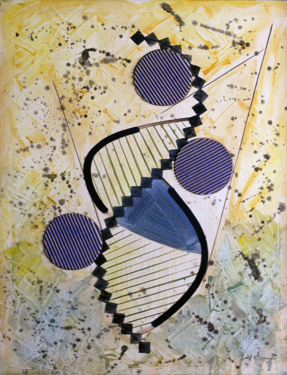 An abstract geometric oil painting featuring striped circular forms, stepped black shapes, sweeping curves, and layered textures against a warm yellow and pale green background.