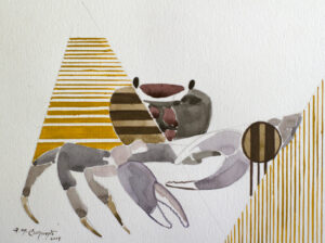 Original abstract watercolor painting depicting a stylized crustacean composed of simplified organic forms, striped geometric elements, and delicate transparent washes in ochre, gray, brown, and muted violet on white paper.