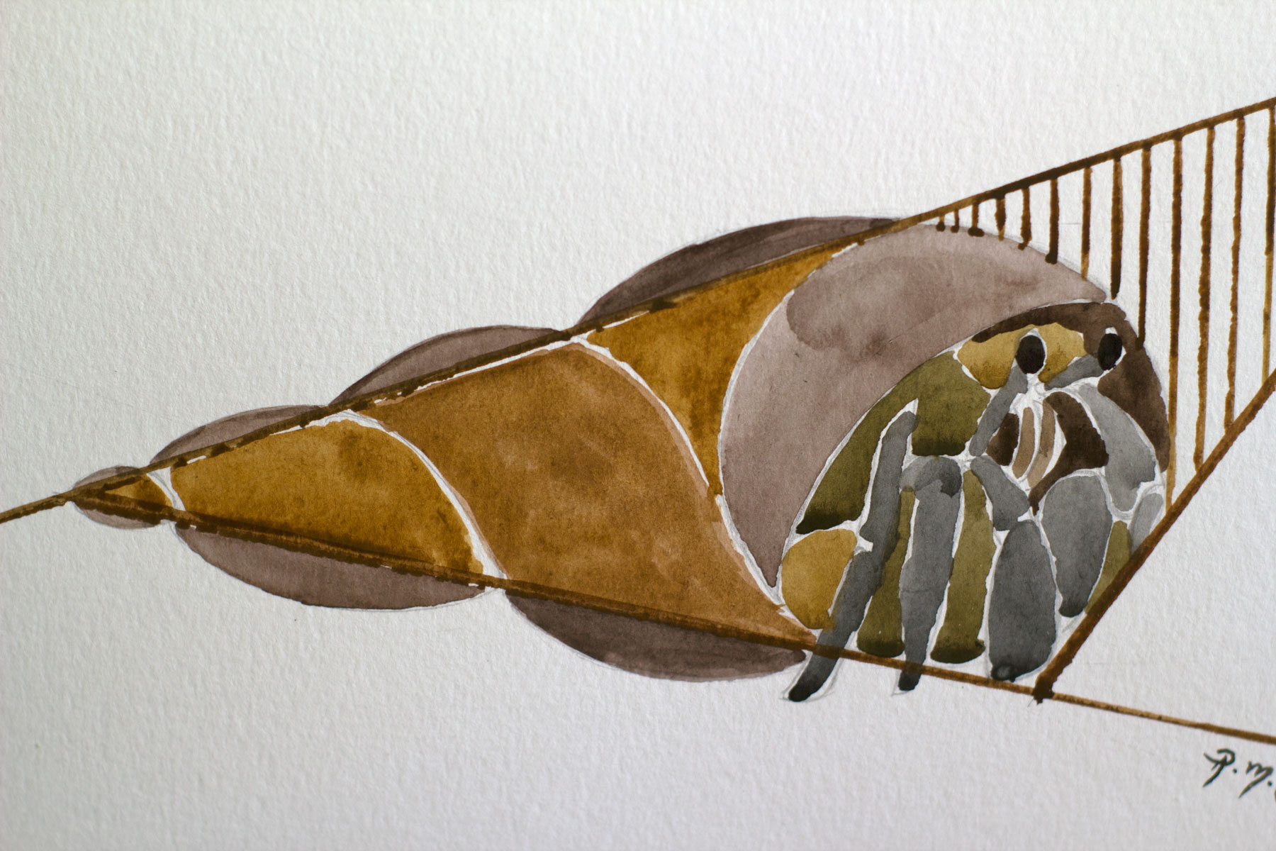Close-up detail of an original abstract watercolor painting showing a stylized hermit crab emerging from a spiral shell with transparent gray, olive, and warm brown watercolor washes.