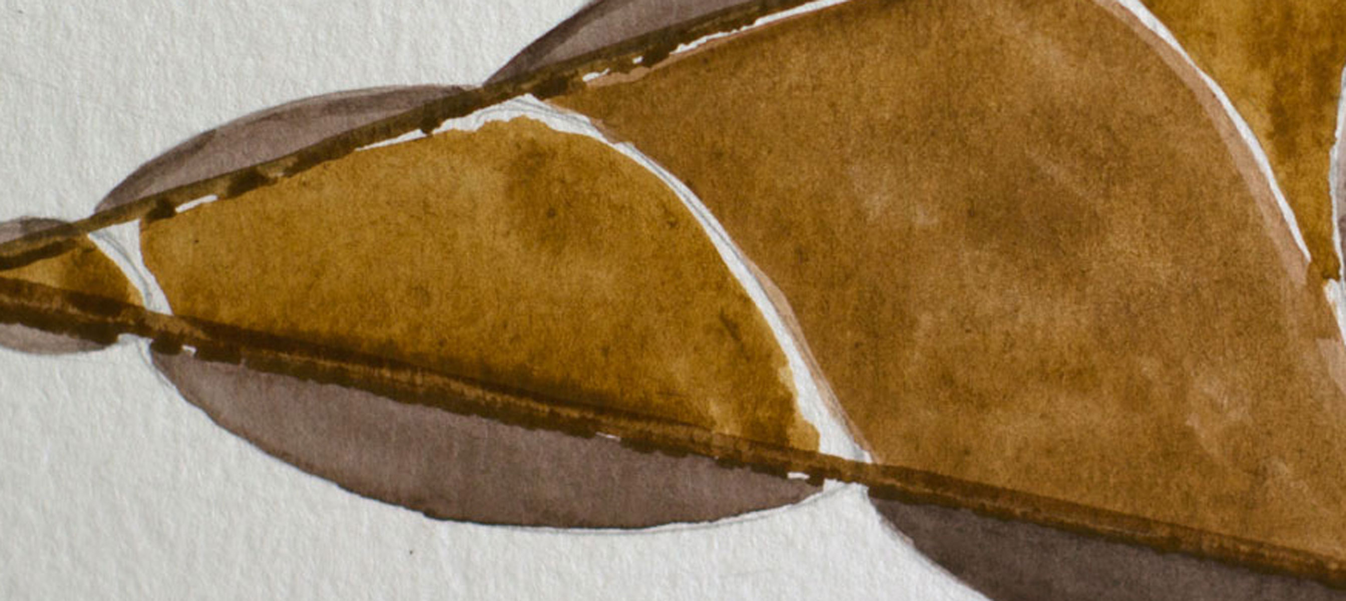 Close-up detail of an original abstract watercolor painting showing the complete hermit crab composition with a geometric spiral shell, delicate watercolor transparency, and minimalist diagonal linework on white paper.