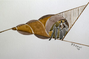 Original abstract watercolor painting depicting a stylized hermit crab emerging from a spiral shell, rendered with transparent earthy watercolor washes and minimalist geometric lines on white paper.