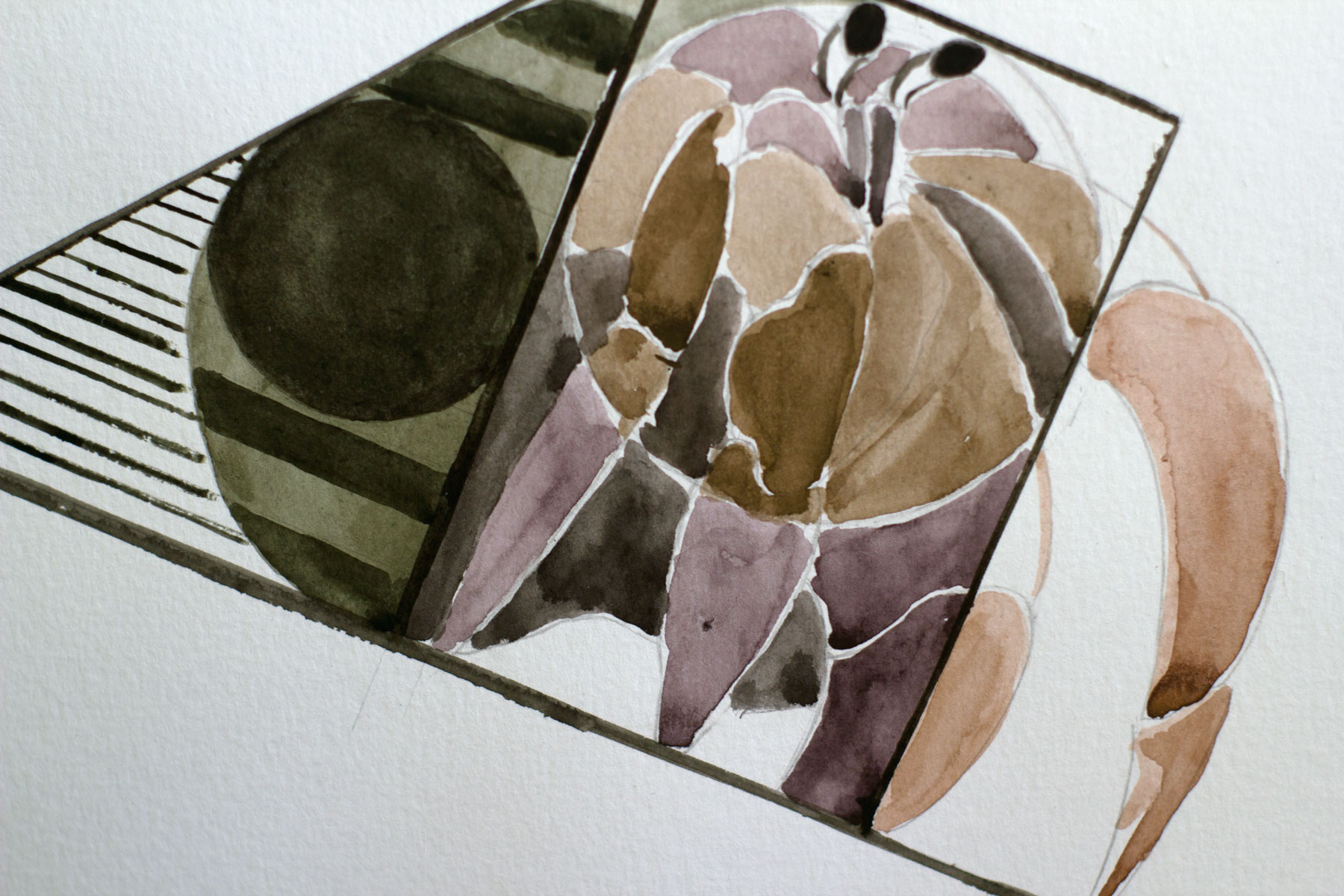 Abstract watercolor detail of a stylized hermit crab within geometric forms in muted earth tones.