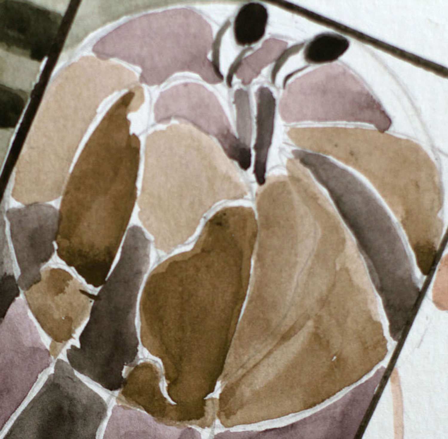 Close-up watercolor detail of an abstract hermit crab painted with transparent earthy washes.