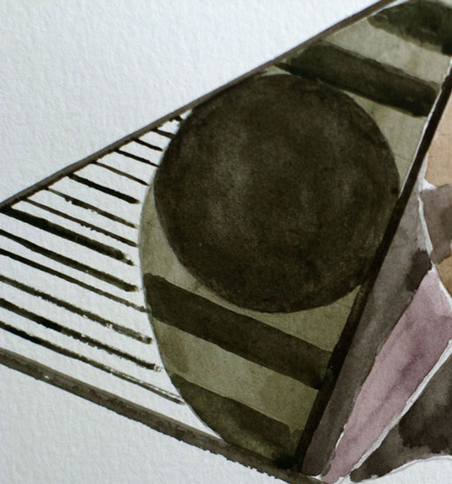 Abstract watercolor detail featuring a striped geometric shell and circular motif in muted olive tones.
