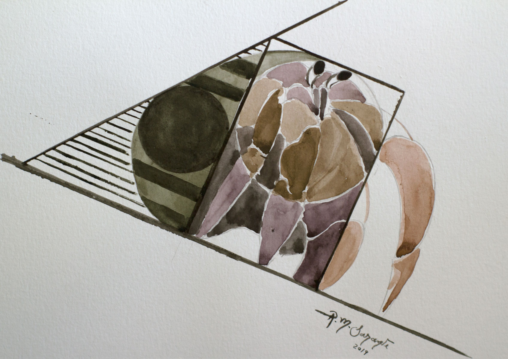 Abstract watercolor of a stylized crustacean enclosed within geometric forms, painted in muted earth tones with minimalist composition and transparent washes.