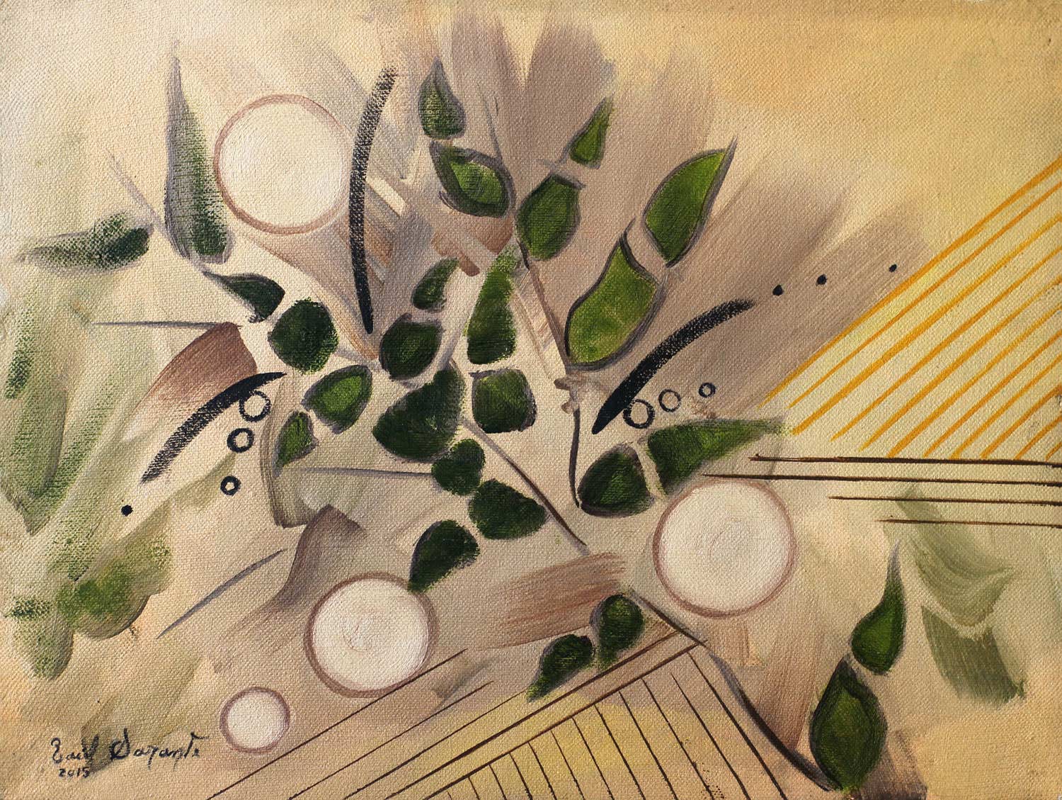 Original oil on canvas abstract painting featuring stylized green leaves, translucent circular forms, sweeping organic brushstrokes, and fine geometric lines that evoke the rhythms and structure of nature.