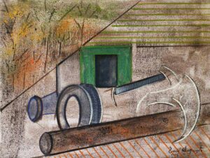 Original oil on canvas abstract painting featuring cylindrical mechanical forms, industrial pipe-like structures, a green geometric volume, and layered architectural planes rendered in muted earth tones with expressive textures.