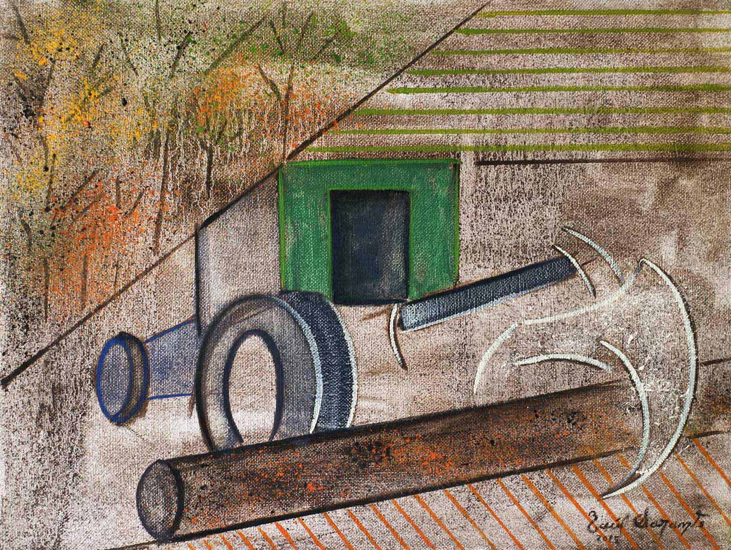 Original oil on canvas abstract painting featuring cylindrical mechanical forms, industrial pipe-like structures, a green geometric volume, and layered architectural planes rendered in muted earth tones with expressive textures.
